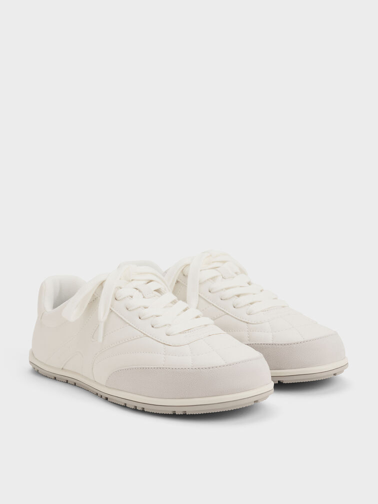Faux Suede Two-Tone Low-Top Sneakers, White, hi-res