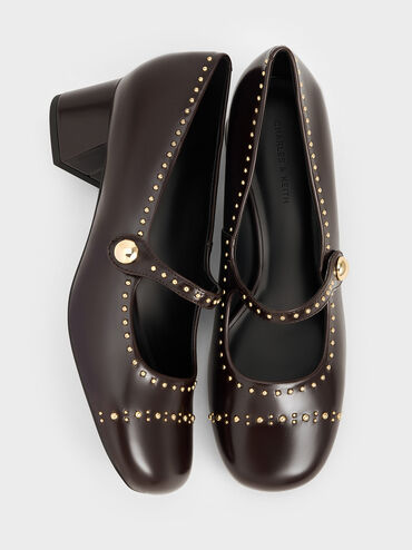 Studded Mary Jane Pumps, Dark Brown, hi-res