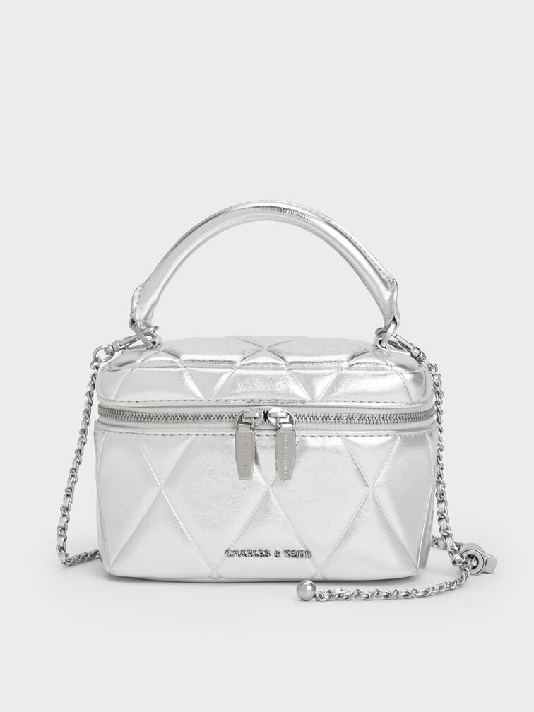 Arwen Metallic Quilted Top Handle Vanity Bag, Silver, hi-res