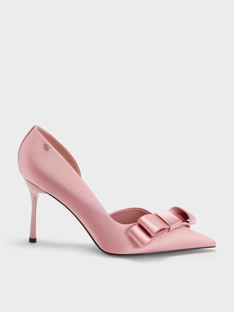 Pleated-Bow Pointed D'Orsay Pumps, Pink, hi-res