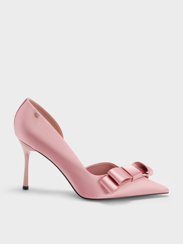 Pleated-Bow Pointed D'Orsay Pumps, Pink, hi-res