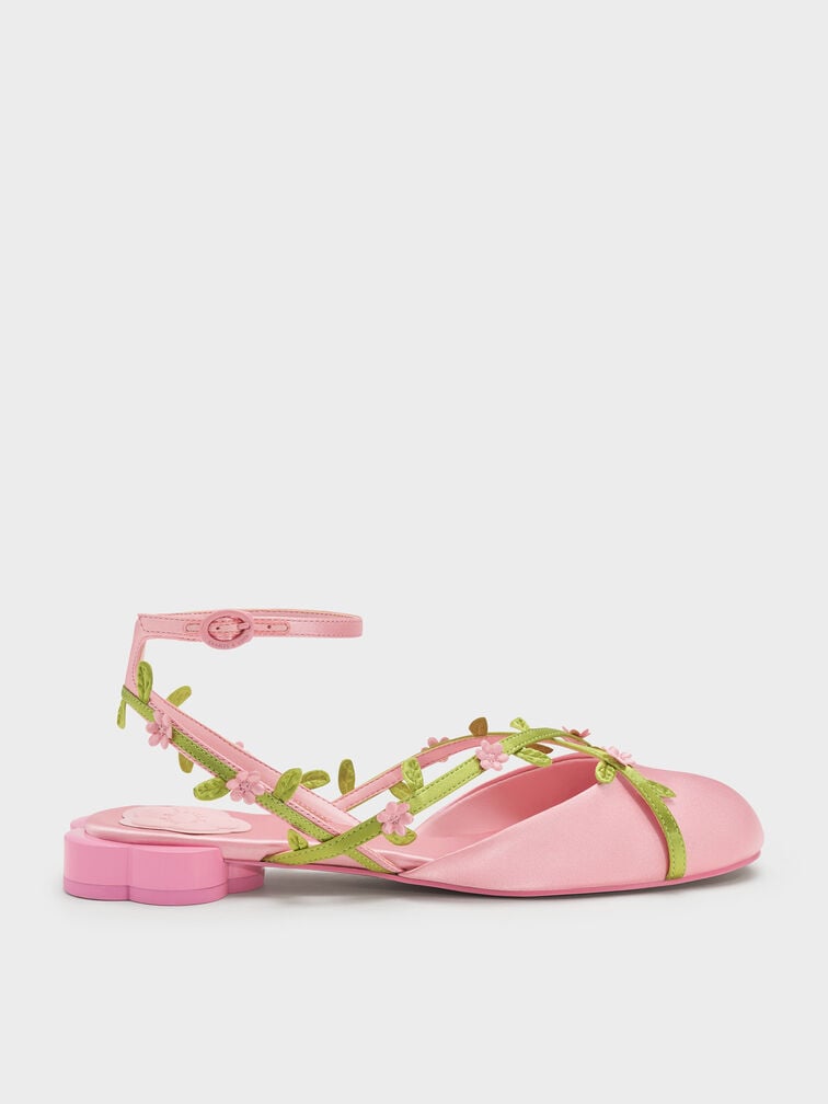Floral-Vine Ankle-Strap Flats, Pink, hi-res