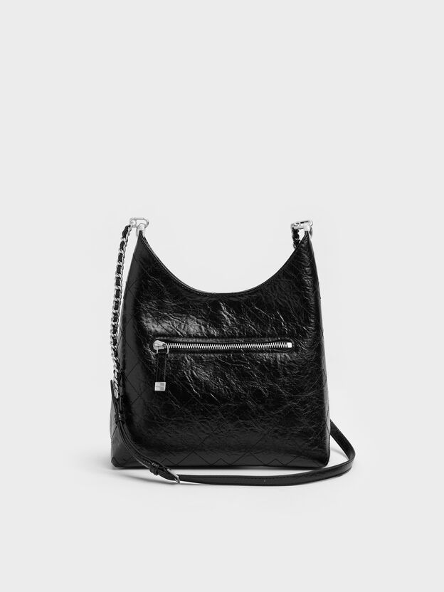 Duo Quilted Front-Pocket Chain Hobo Bag, Noir, hi-res