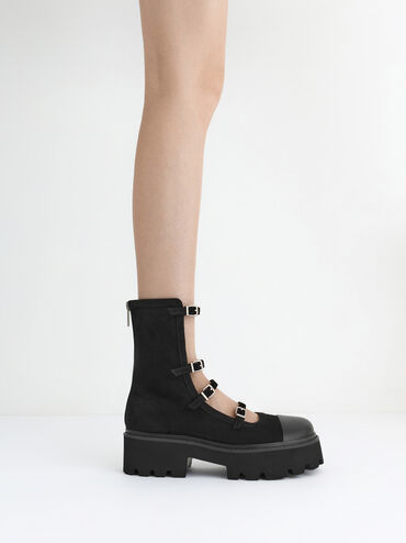 Celia Faux Suede Buckled Multi-Strap Chunky Calf Boots, Black Textured, hi-res