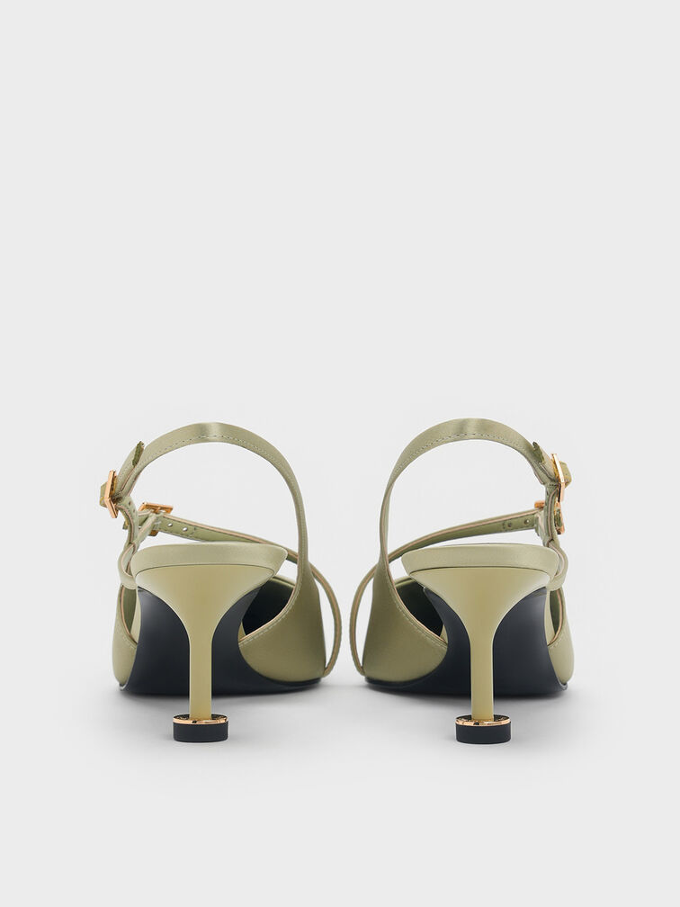 Wynn Recycled Polyester Buckled Sculptural-Heel Slingback Pumps, Green, hi-res