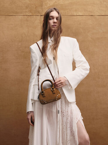Bobbie Recycled Suede Studded Top Handle Bag, Sienna Brown, hi-res