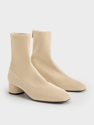 Faux Suede Stitch-Trim Heeled Ankle Boots, Sand, hi-res
