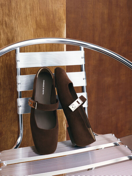 Lando Faux Suede Mary Jane Flats, Dark Brown Textured, hi-res