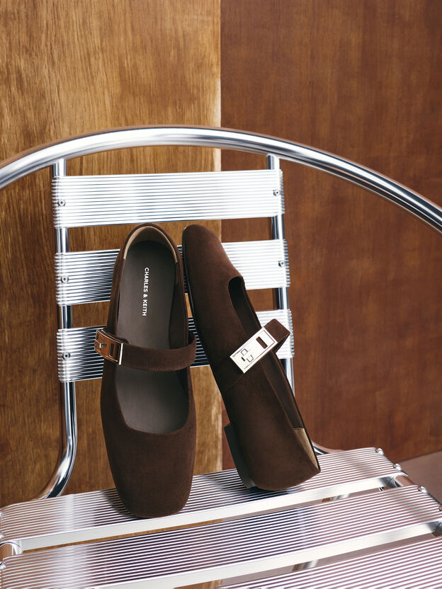 Lando Faux Suede Mary Jane Flats, Dark Brown Textured, hi-res