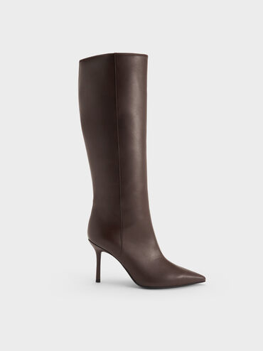 Pointed-Toe Stiletto-Heel Knee-High Boots, Dark Brown, hi-res
