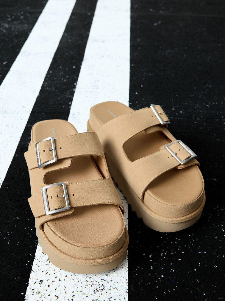 Buckled Double-Strap Flatform Sandals, Beige, hi-res