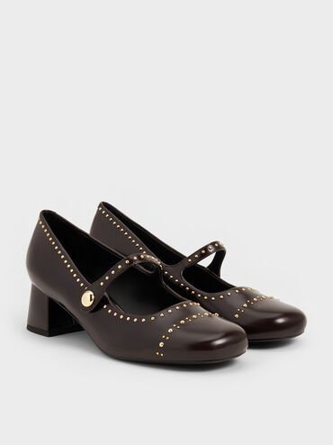 Studded Mary Jane Pumps, Dark Brown, hi-res