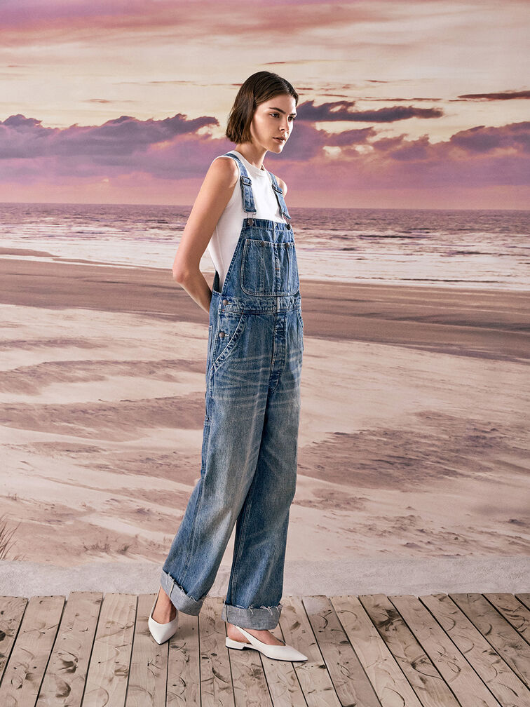 Pointed-Toe High-Vamp Slingback Flats, White, hi-res