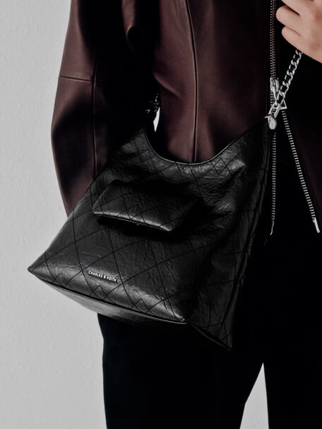Duo Quilted Front-Pocket Chain Hobo Bag, Noir, hi-res