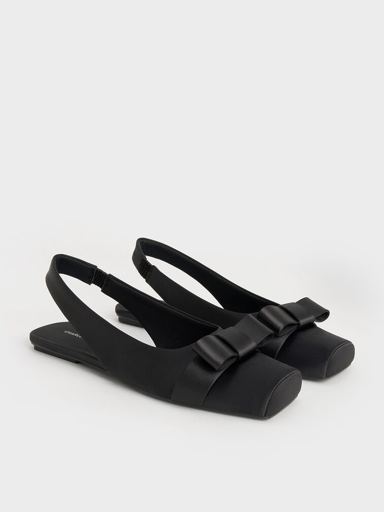 Satin Bow Slingback Ballet Flats, Black Textured Satin Bow Slingback Ballet Flats, Black Textured, hi-res