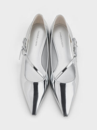 Metallic Pointed-Toe Bow-Strap Flats, Silver, hi-res