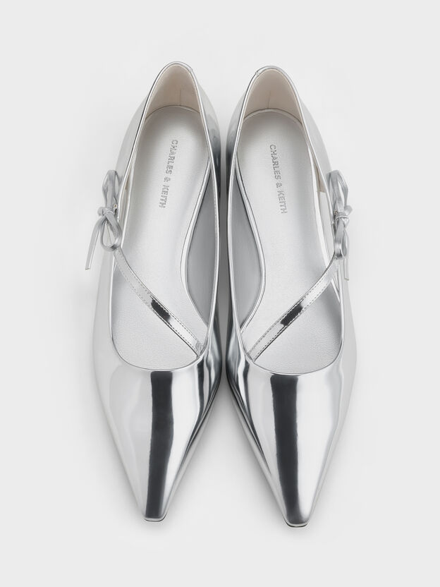 Metallic Pointed-Toe Bow-Strap Flats, Silver, hi-res