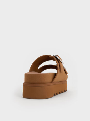 Buckled Double-Strap Flatform Sandals, Brown, hi-res