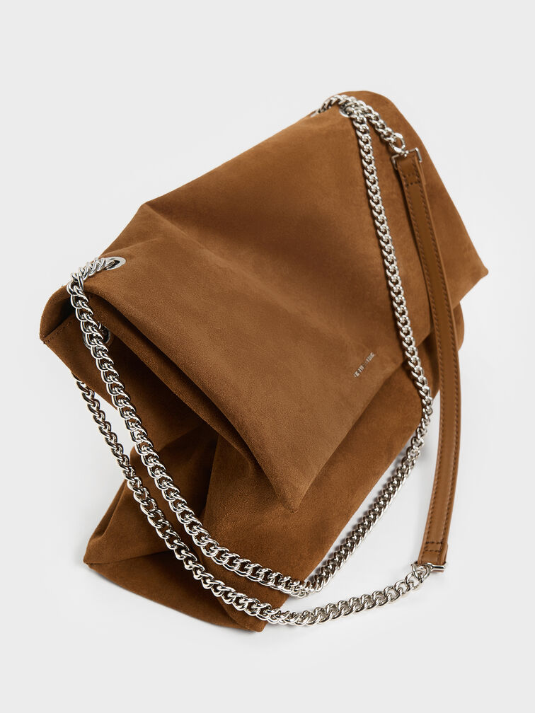 Sianna Recycled Suede Chain-Handle Shoulder Bag, Sienna Brown, hi-res