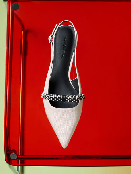 Kaleen Linen Woven-Bow Slingback Flats, Chalk, hi-res