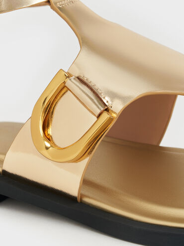 Gabine Metallic Leather Ankle-Strap Thong Sandals, Gold, hi-res