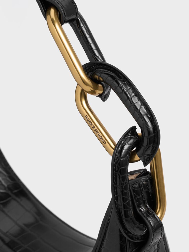 Kora Croc-Effect Metallic-Accent Moon Bag, Black, hi-res