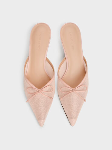 Glittered Mesh Bow Kitten Heels, Pink, hi-res
