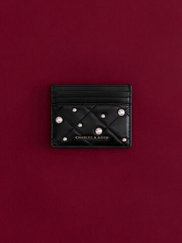Janie Pearl-Embellished Quilted Card Holder, Black, hi-res