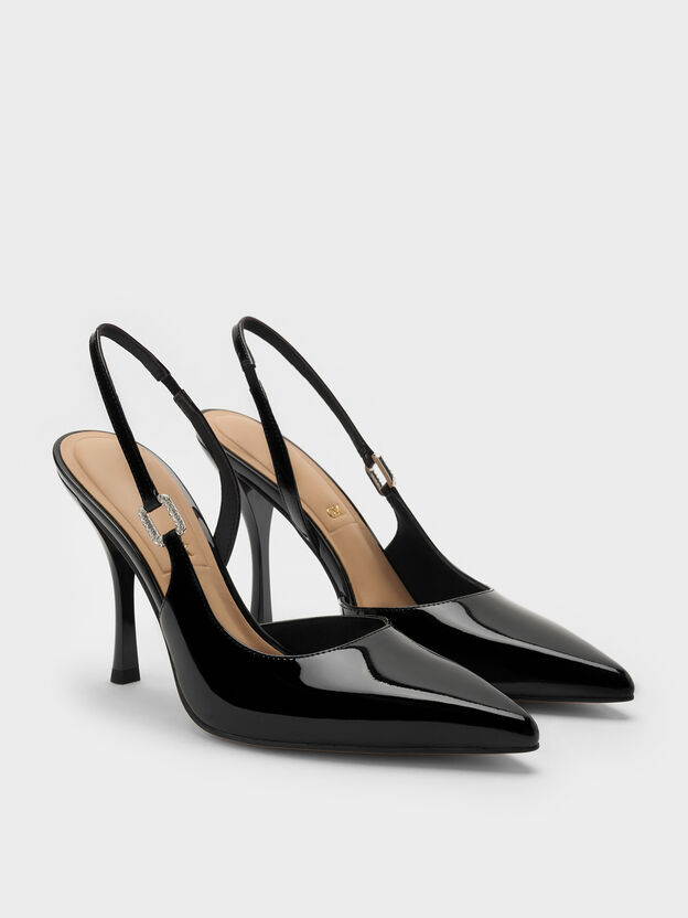 Patent Leather Crystal-Buckle Slingback Pumps, Black Patent, hi-res