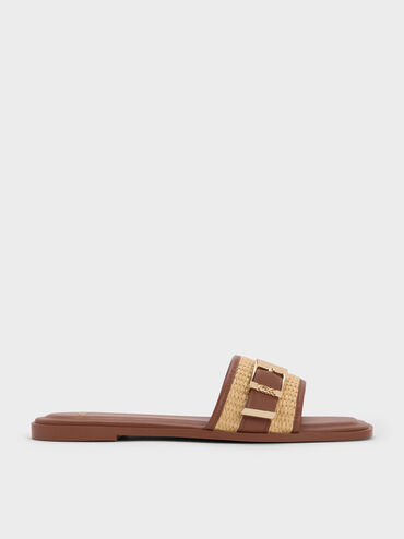 Whitney Leather & Raffia Buckled Slide Sandals, Brown, hi-res