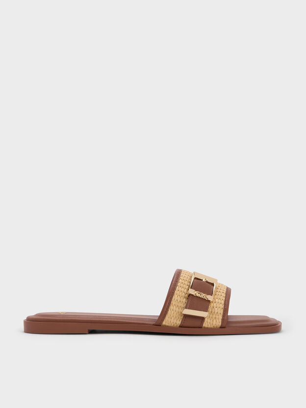 Whitney Leather & Raffia Slide Sandals, Brown, hi-res