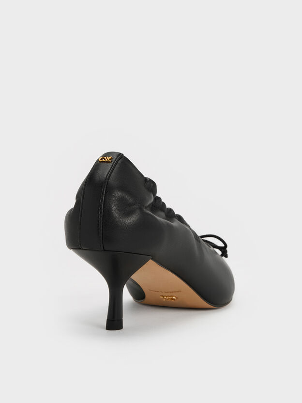 Leather Ruched Pointed Kitten Heels, Black, hi-res