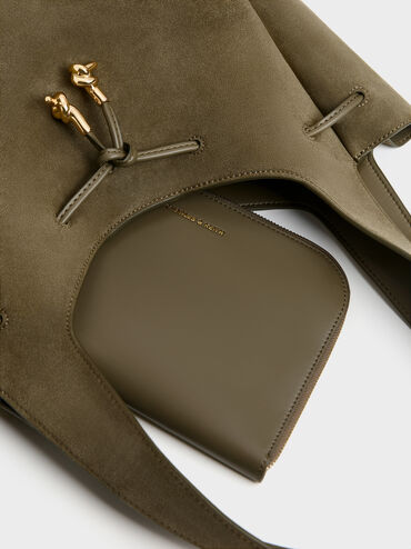 Mila Recycled Suede Metallic-Knot Drawstring Tote Bag, Deep Olive, hi-res