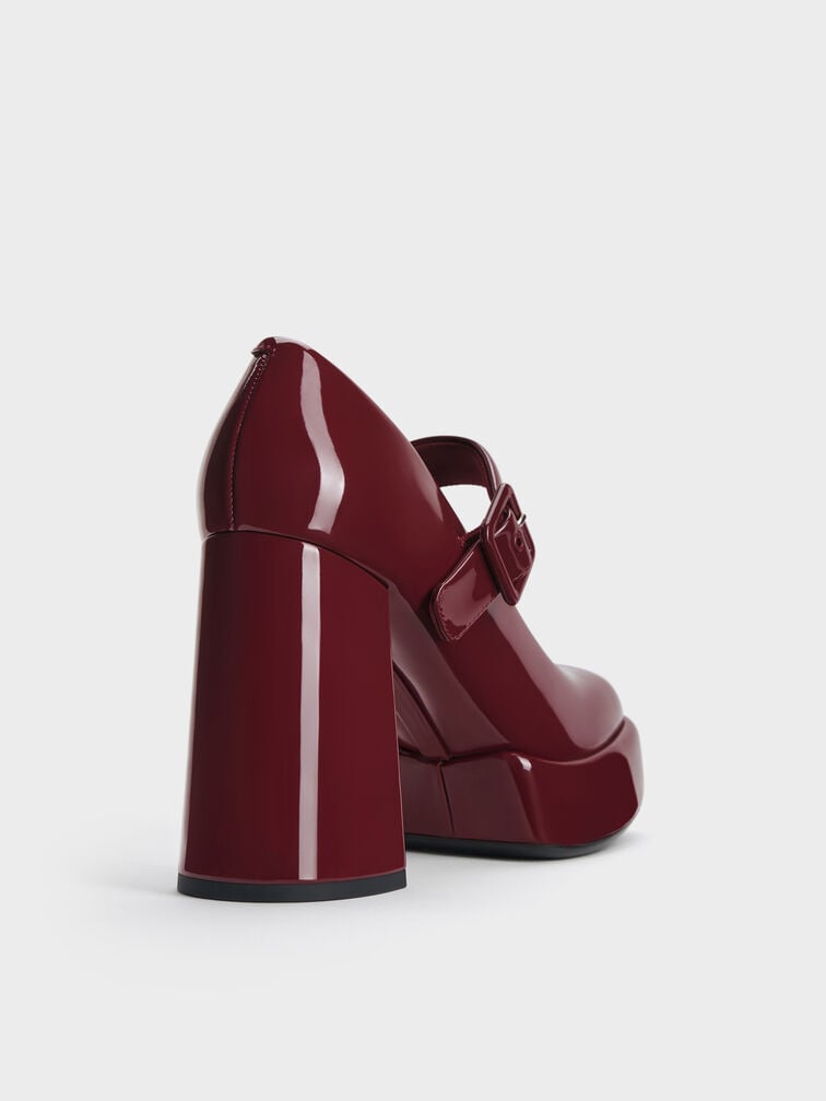 Patent Block-Heel Platform Mary Jane Pumps, Burgundy, hi-res
