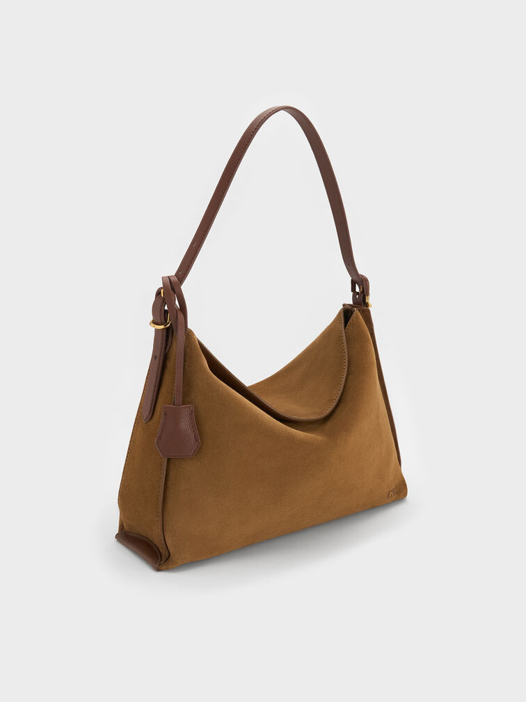 Large Leather & Suede Top-Flap Hobo Bag, Brown, hi-res