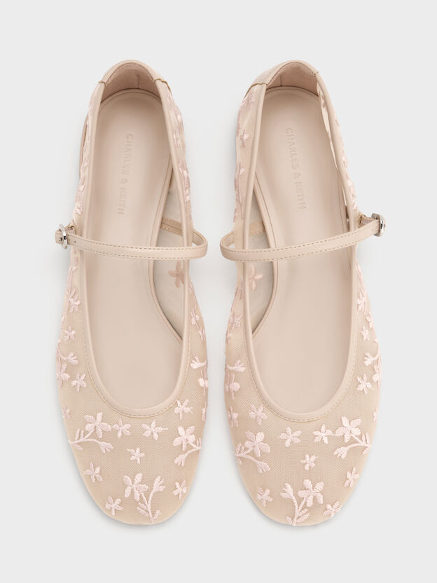 Gertrude Embroidered-Mesh Mary Janes, Nude, hi-res
