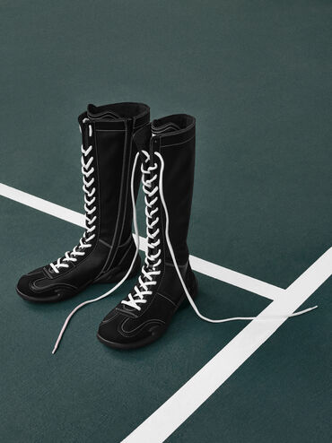 Minette Lace-Up Knee-High Sneaker-Boots, Black, hi-res