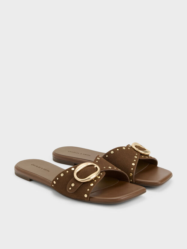 Studded Buckled Slide Sandals, Brown, hi-res