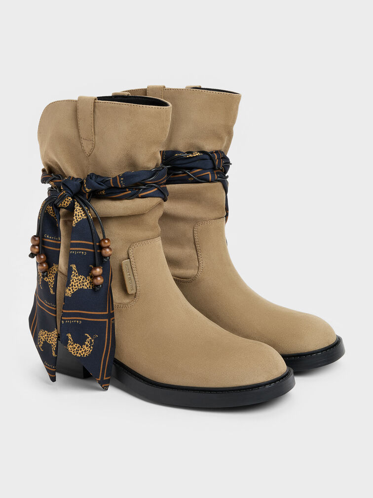 Faux Suede Printed-Scarf Calf Boots, Khaki, hi-res