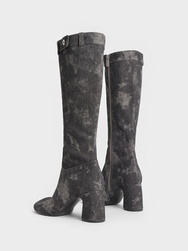 Denim Block-Heel Knee-High Biker Boots, Dark Grey, hi-res