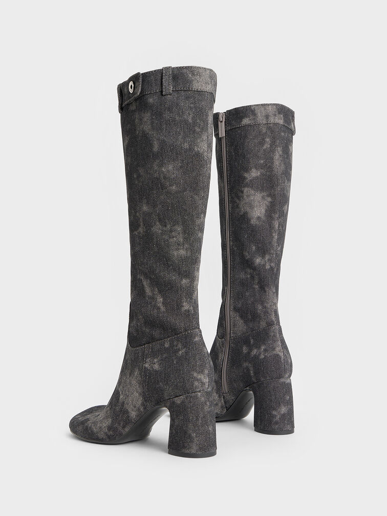 Denim Block-Heel Knee-High Biker Boots, Dark Grey, hi-res