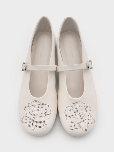 Perforated Rose High-Vamp Mary Janes, Chalk, hi-res