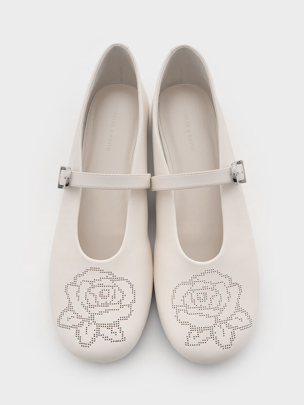 Perforated Rose High-Vamp Mary Janes, Chalk, hi-res