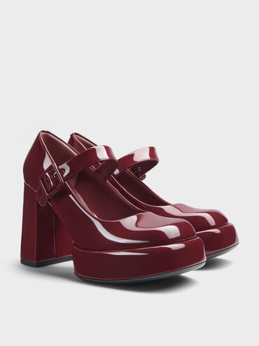 Patent Block-Heel Platform Mary Jane Pumps, Burgundy, hi-res