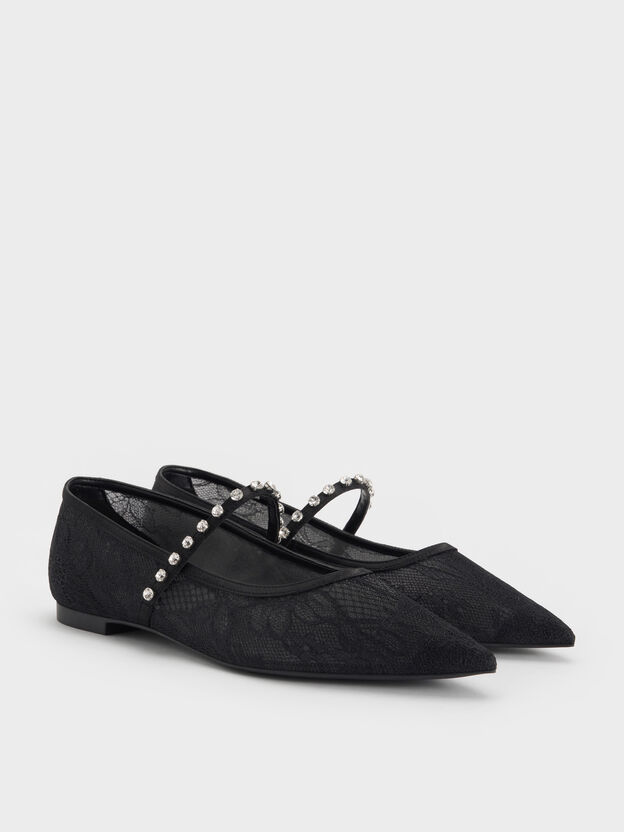 Lace & Satin Crystal Mary Jane Flats, Black Textured, hi-res