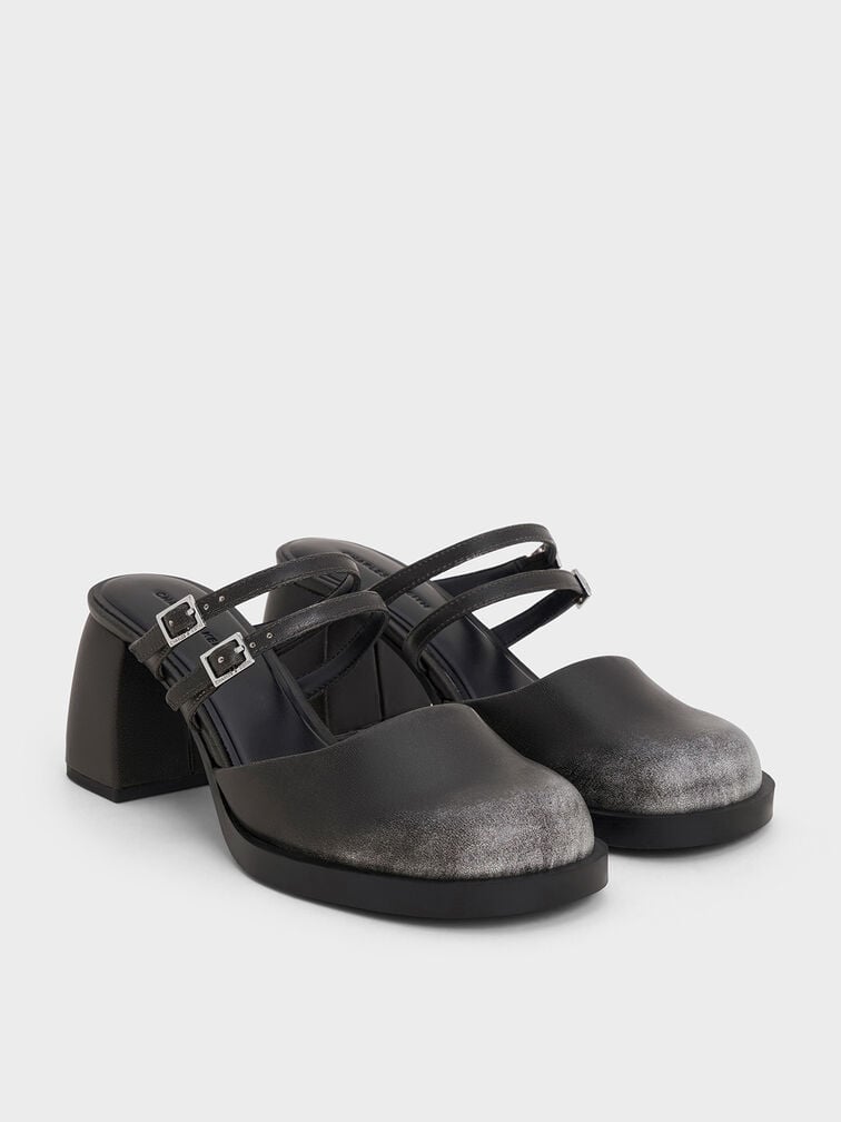 Double-Strap Platform Mules, Black, hi-res