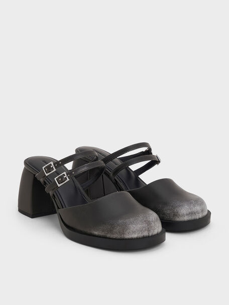 Double-Strap Platform Mules, Black, hi-res