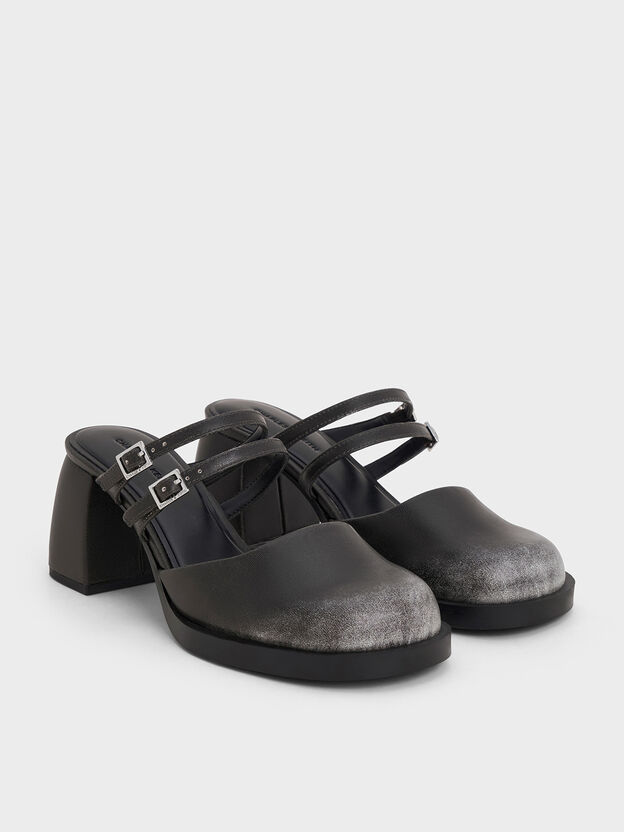 Double-Strap Platform Mules, Black, hi-res
