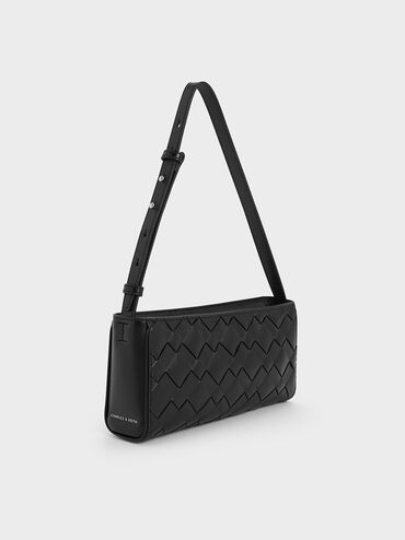 Ivette Woven Elongated Shoulder Bag, Noir, hi-res