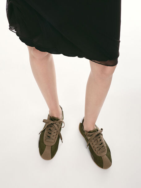 Nylon Contrast-Panel Low-Top Sneakers, Olive, hi-res